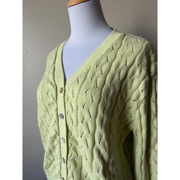 Light Green Cable Knit 100% Cotton Made in USA V Neck Cardigan- Size Large - Picture 3 of 7